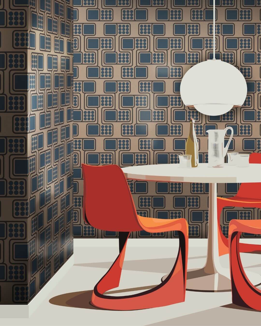 Illustration of a 70s dining room with wallpaper from Papier Francais' Creatone collection